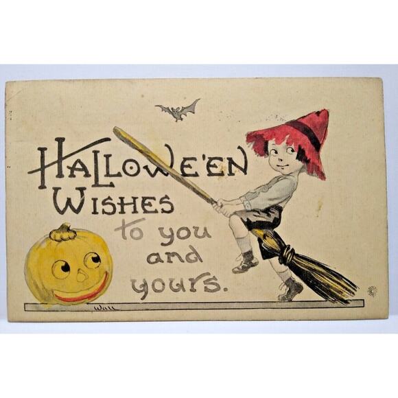 Halloween Postcard Fantasy Wall Hand Tinted Colored Witch Girl JOL Bat Bergman - Picture 2 of 4